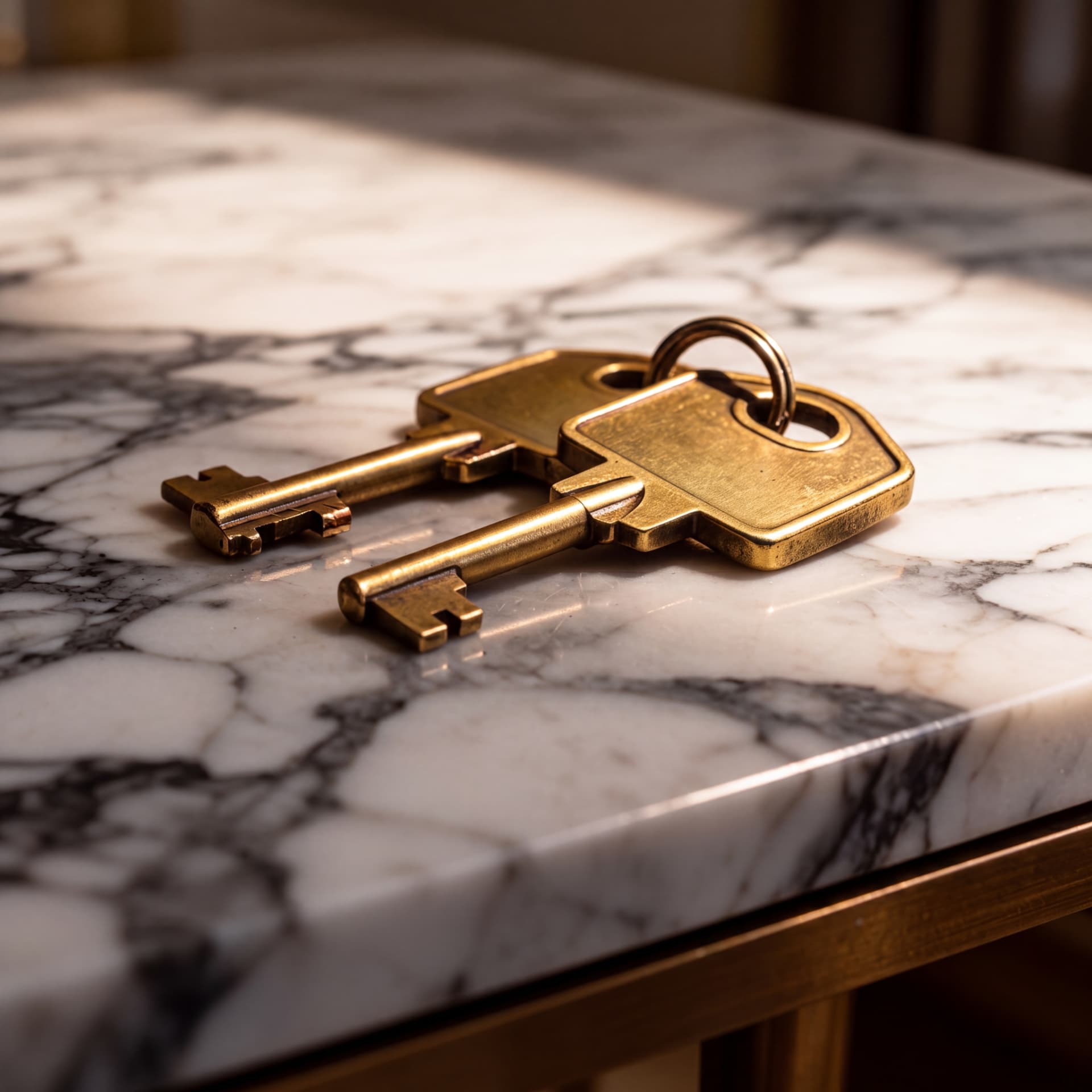Brass apartment keys resting on marble