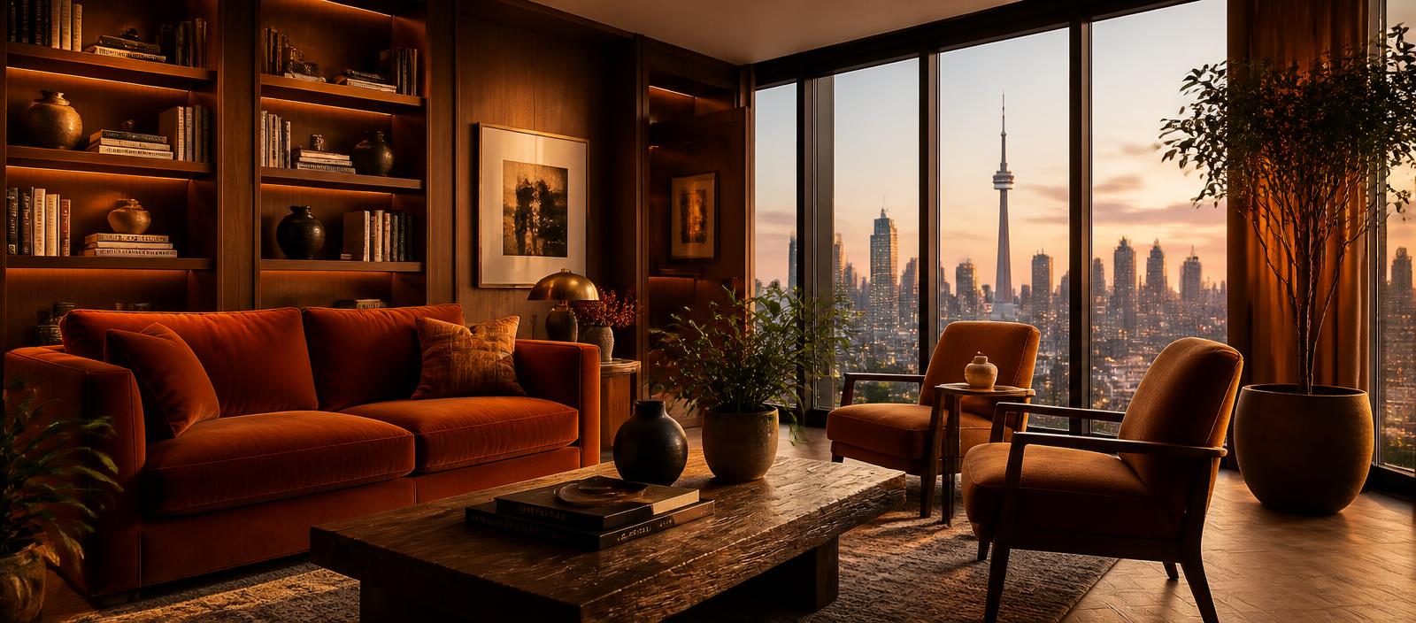 Warm wood-panelled Toronto living room with skyline views at golden hour