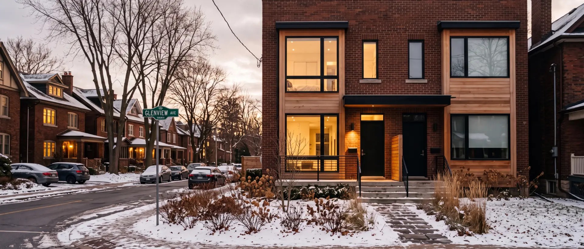 Snowy Toronto residential street with a modern brick and wood townhouse